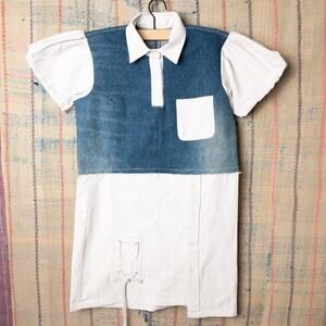 Custom reworked denim patchwork shirt / Hybrid Polo Top